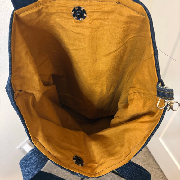 Handmade Blue Jean Tote Bag with front colorful pockets Boho Colorful - Picture 3 of 5